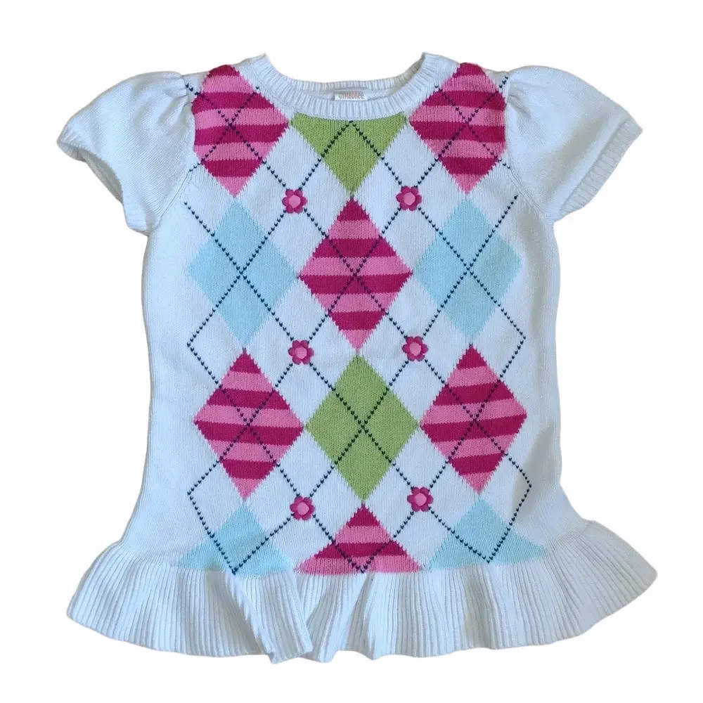 Gymboree Girls S 5-6 White Pink Green Argyle Short Sleeve Sweater Ruffle Hem